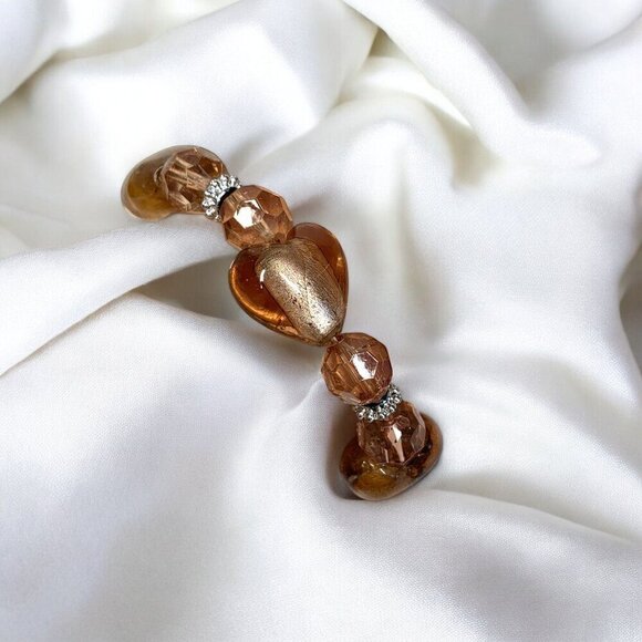 Dichroic Art Glass Bracelet Heart Motif Pale Amber Brown Silver Stretch To Fit - Picture 3 of 4